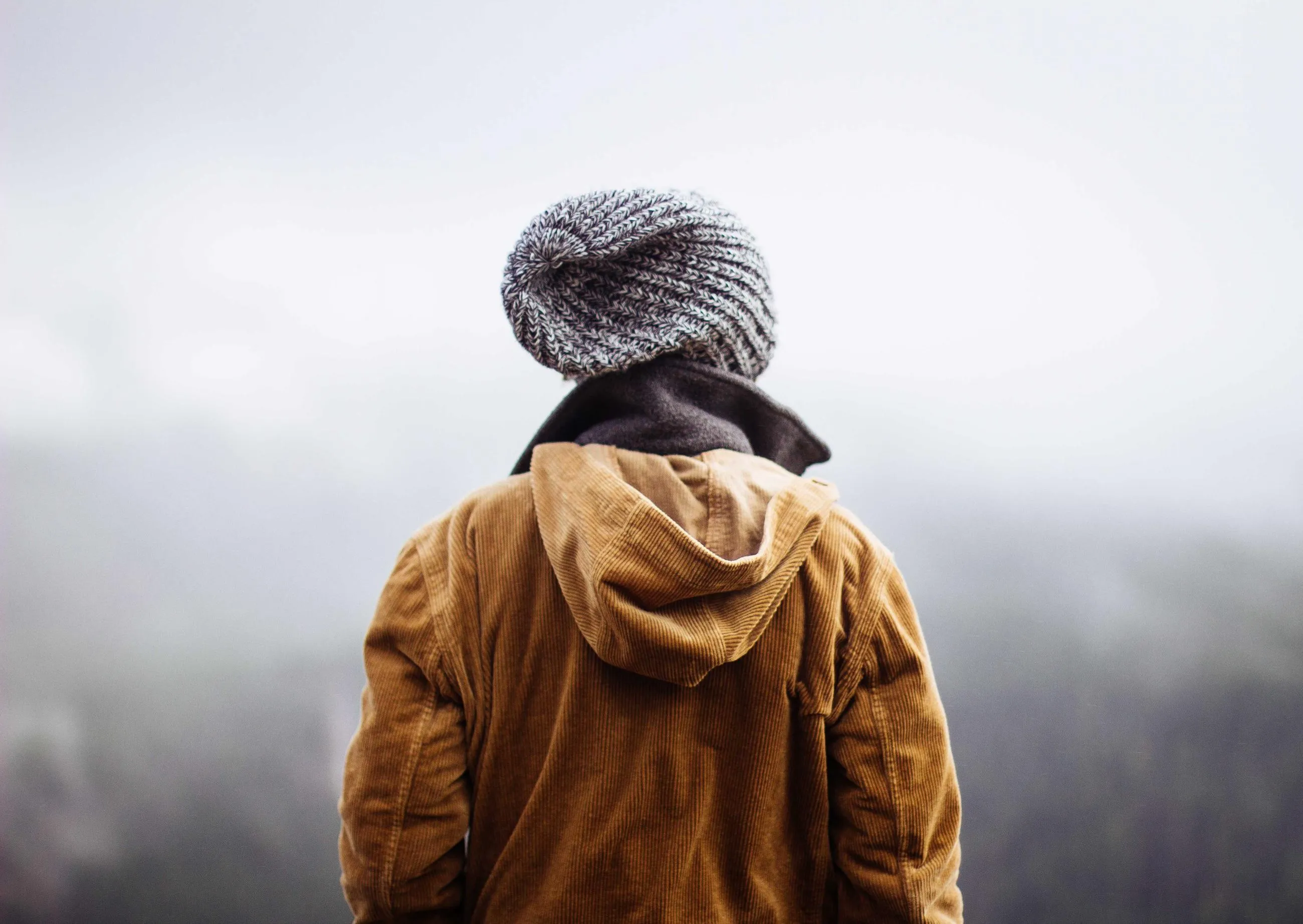 A figure in a mustard hooded coat and grey knitted hat, seen from behind against white fog.